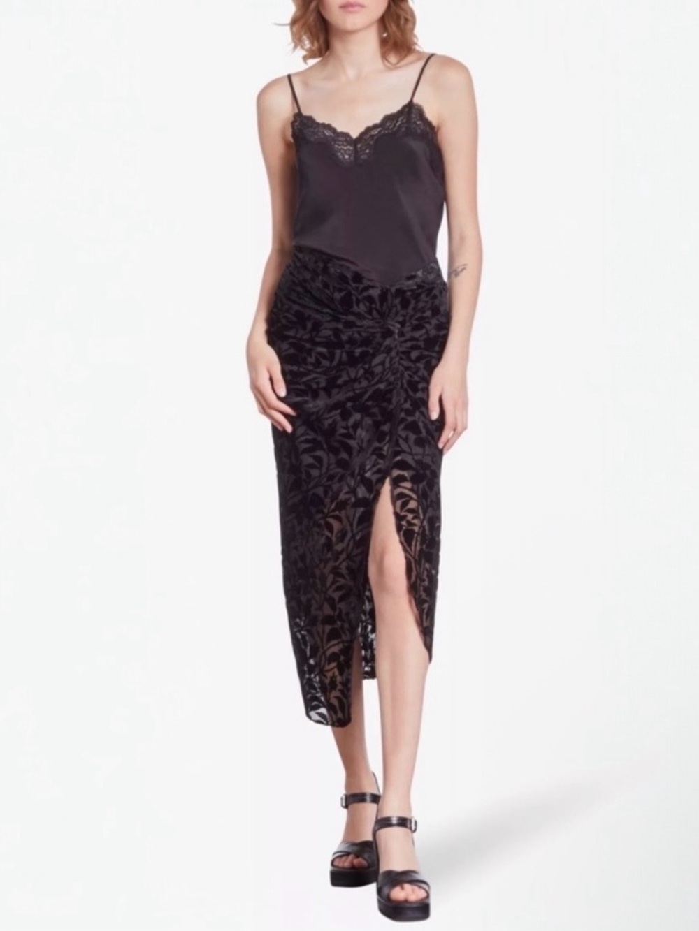 The Kooples Ruched Black Skirt Velvet Cutout Midi Sz 1/ Small NEW NWT✨